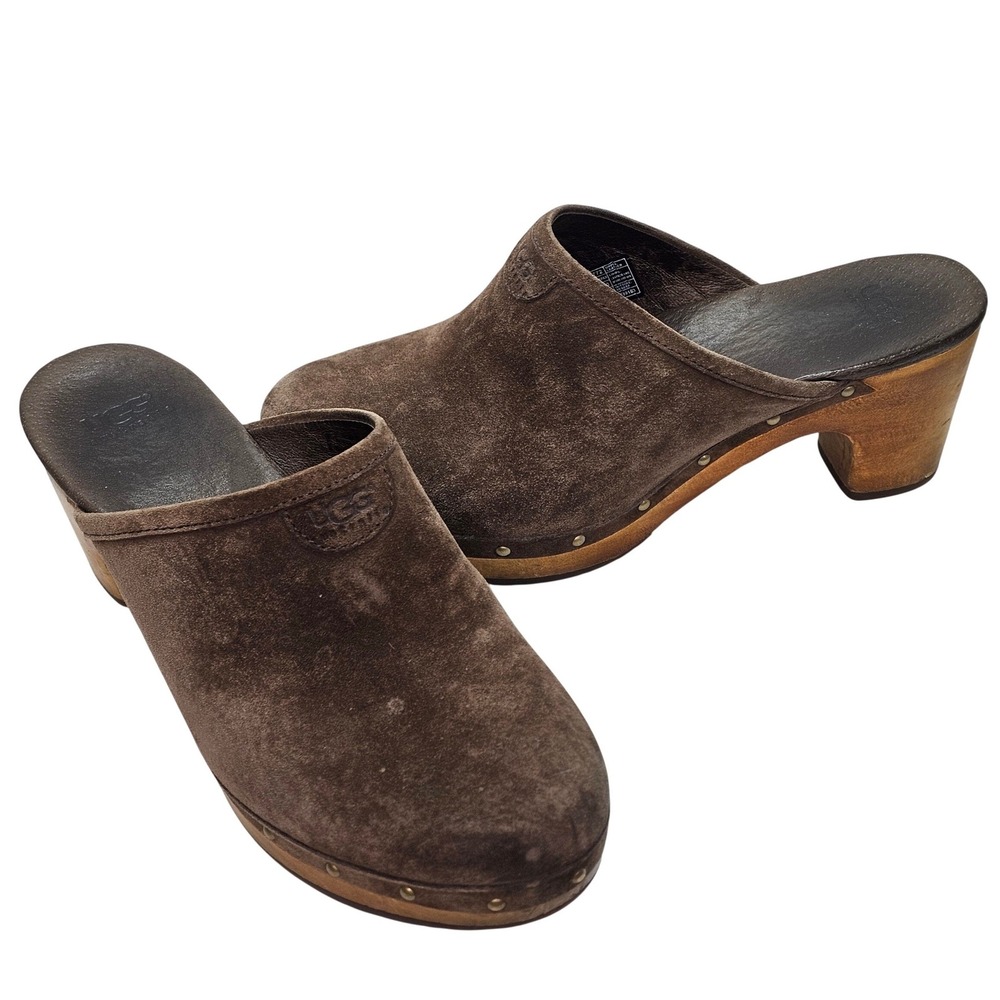 UGG Australia Suede Wooden Clog Mule Heels Sheepskin Lined Brown Sz 8 EU39